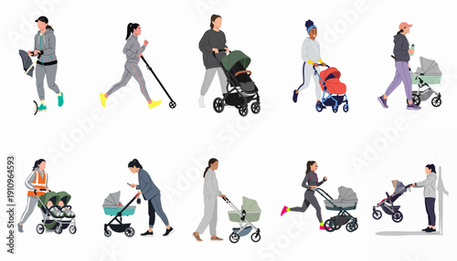 Diverse mothers engaging in various activities like jogging and walking while pushing modern baby strollers and prams.