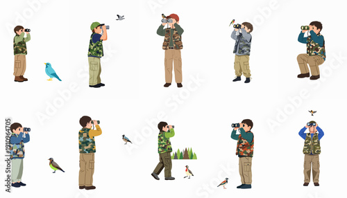 Vector set illustration of young boys wearing camouflage outfits and using binoculars for birdwatching and wildlife observation, isolated on white background.
