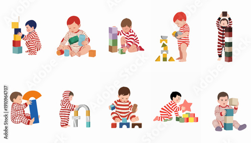 Set of infants and toddlers playing with colorful wooden building blocks, illustrating early childhood development and fine motor skills.