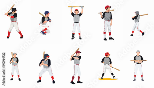 Bild auf Leinwand Collection of vector illustrations depicting baseball players in various batting and fielding poses, isolated on a white background