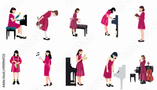 Diverse Scenes of Young Women Practicing and Performing Classical Music, Featuring Pianos and Emotional Moments.