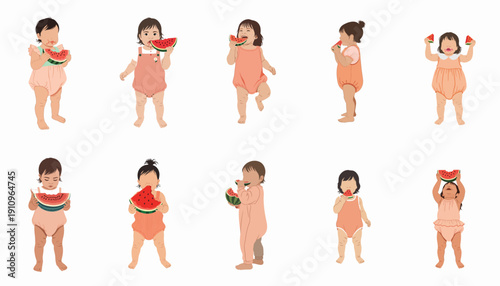 Collection of 10 illustrated toddlers joyfully eating large slices of refreshing summer watermelon, isolated on a white background.