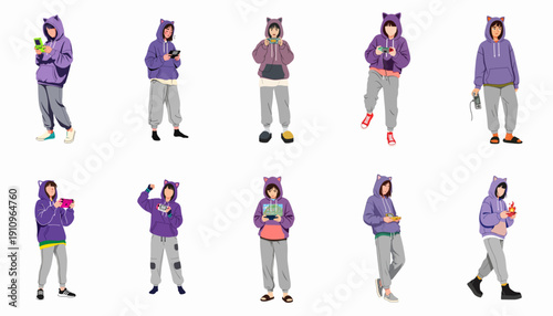Vector illustrations of diverse youth wearing purple cat-ear hoodies and sweatpants, actively engaging with handheld video game devices.