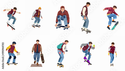 A collection of illustrated young men skateboarding, performing tricks, and standing with boards, showcasing street culture and varsity style.