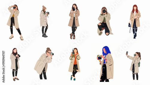 Modern female photographers in trench coats taking photos with various cameras, stylized vector illustrations isolated on white.