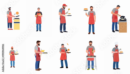 Men cooking pancakes vector set: Various poses showing chefs flipping, frying, mixing batter, and serving breakfast stacks with syrup in flat design style.
