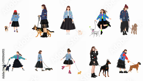 A diverse collection of stylish young women walking various dog breeds, featuring punk, street, and casual fashion vector illustrations isolated on white.
