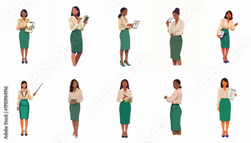 Set of flat vector illustrations depicting a successful African American business woman in diverse corporate poses holding documents and technology.