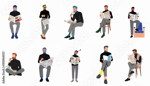 Diverse group of fashionable bearded men reading newspapers, books, and articles while relaxing in various poses, isolated flat vector illustration.