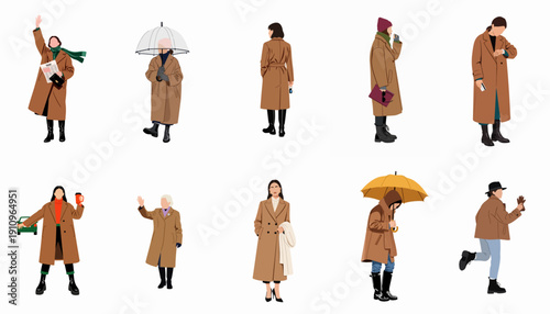 Set of vector illustrations depicting fashionable people in long brown coats engaging in daily autumn and winter activities.