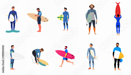 Set of various male surfers in wetsuits with different surfboards, ready for water sports and summer ocean activities.