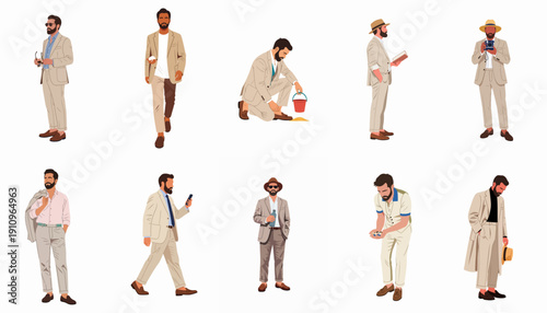 A Set of Dapper Men in Beige Suits and Khaki Attire, Posing and Engaging in Summer Activities, Vector Illustrations on White Background.