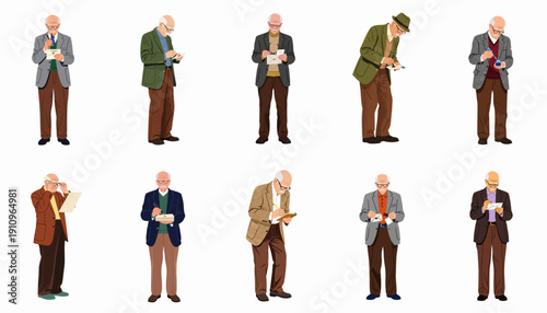 Distinguished Senior Man Writing and Reading Letters Set. Vintage Correspondence and Academic Activities Vector Illustration.