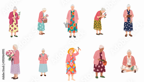 Collection of diverse elderly women gardening, tending flowers, planting, and enjoying horticultural activities as a hobby.