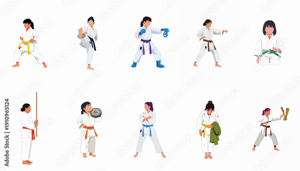 Fototapeta premium Female Martial Artists Collection: Vector illustrations showing diverse women and girls practicing Karate and various disciplines with different belt ranks and equipment.
