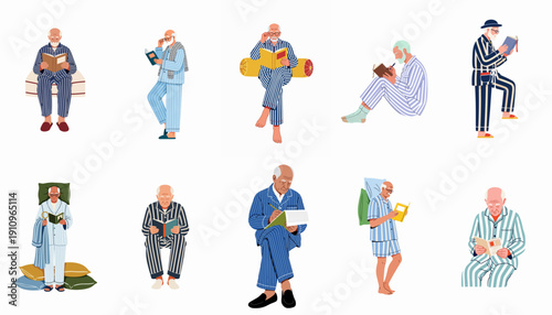 Senior men character set enjoying reading, writing, and relaxation in pajamas, isolated vector illustrations.