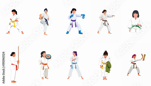 Female Martial Artists Collection: Vector illustrations showing diverse women and girls practicing Karate and various disciplines with different belt ranks and equipment.