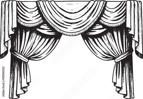 Elegant Black and White Sketch of Classic Window Drapes and Valance.