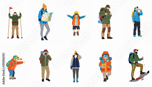 Flat vector set of diverse people hiking, trekking, and exploring the outdoors, featuring adventurers, families, and children with essential gear on white.