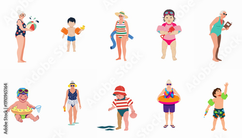 Multi-generational family enjoying summer vacation with beach activities, swimming, and sun protection in colorful vector illustrations.