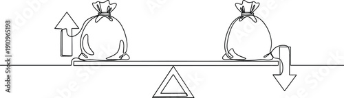 Continuous line drawing of money bags on a seesaw scale with up and down arrows for financial balance