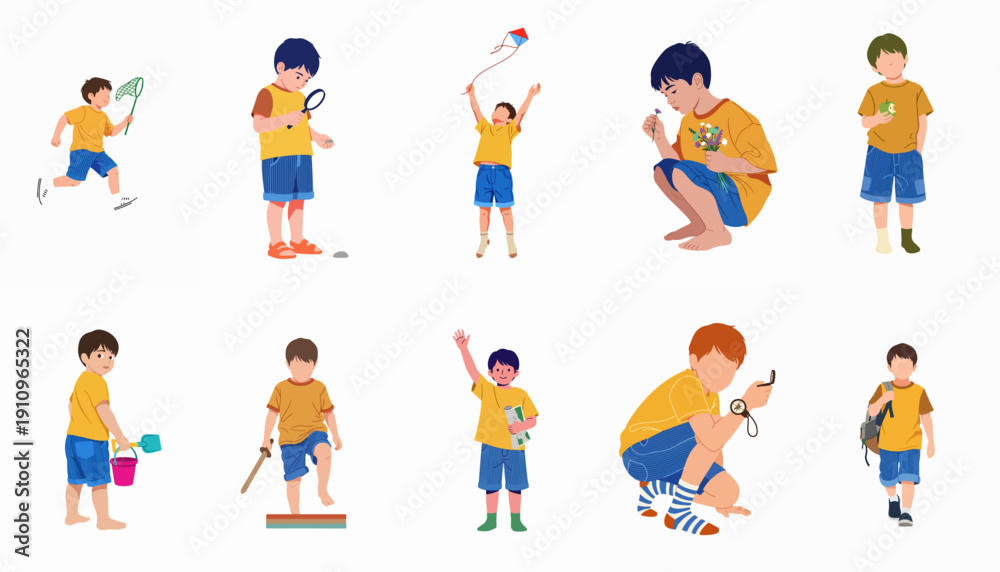 Fototapeta premium Collection of Young Boys Playing Outdoors, Engaging in Various Summer Activities like Flying Kites, Exploring with a Magnifying Glass, and Adventuring.