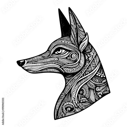 Stylized Dog Head, Another variation of stylized dog/wolf head with different decorative details.
