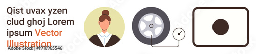 Business identity, automotive repair, air pump tools, conceptual graphics, transportation solutions, abstract design. Businesswoman avatar, car wheel with pump and minimal shapes. Business identity