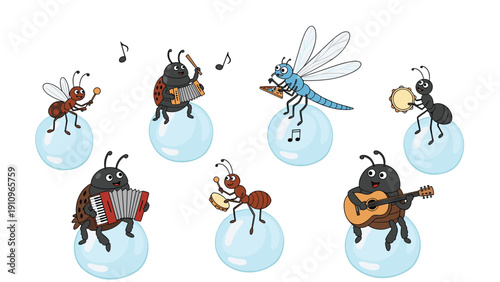Seven whimsical insects including ladybugs and an ant sit on blue bubbles while playing musical instruments together.
