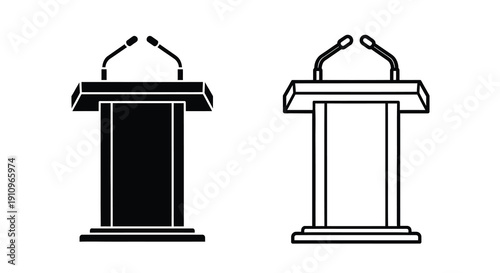 Two podiums are shown in contrasting black and white silhouette