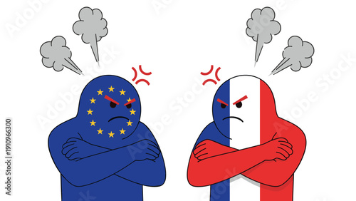 Two angry personified figures representing the European Union and France stand with crossed arms and smoke coming from heads.