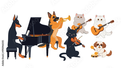 Ensemble of various dogs and cats including a german shepherd and a doberman play the piano, trumpet, and guitars together.
