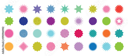 Random Colorful Retro Sunburst Vector Badges – Vintage Sales Tags, Promotional Stickers & Quality Mark Clip Art (Isolated).