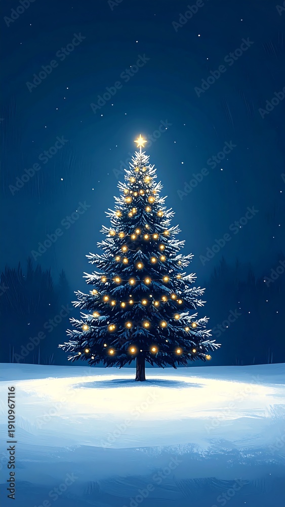 Obraz premium Magical Christmas tree standing alone in snowy landscape at night AI Generative