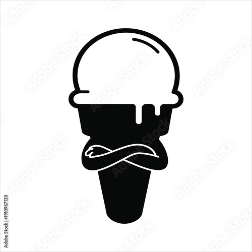 A stylized black and white illustration of an ice cream cone with arms crossed, looking grumpy or defiant.