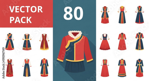 Collection of traditional ethnic clothing vector illustrations of historical costumes for cultural design isolated on blue background