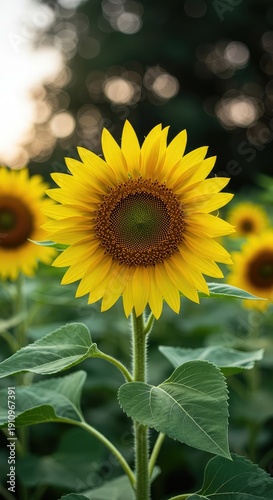 A vibrant sunflower plant blooms outdoors under natural sunlight, showcasing bright yellow petals and lush green foliage during summer growth ,bright ,flower ,outdoor