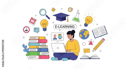 Young person engaging in online education with a laptop surrounded by diverse academic symbols and icons