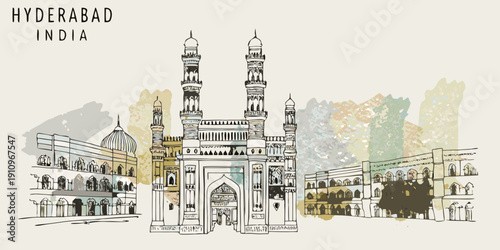 Watercolor illustration of the charminar monument in hyderabad india