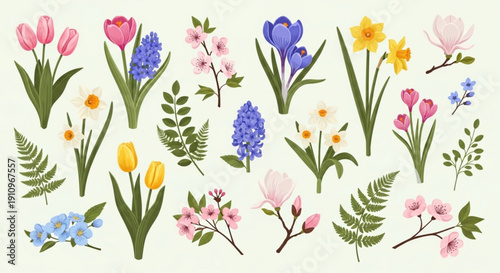Vibrant spring florals and foliage illustration on light background