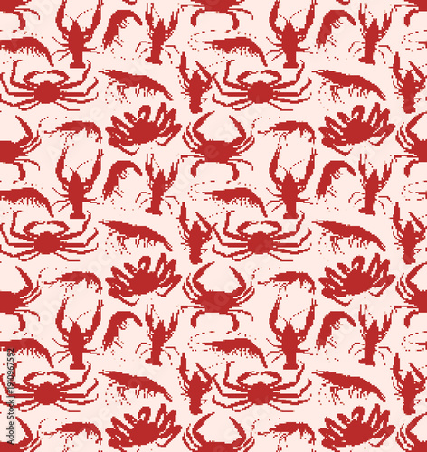 Seamless pixel background with crabs, shrimp and crawfish.