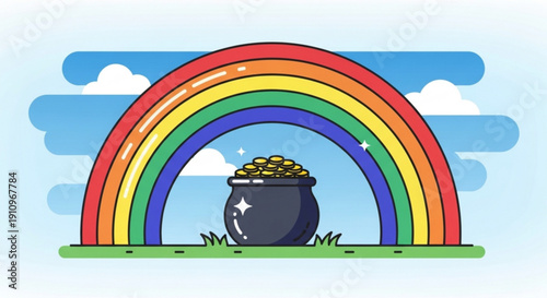 Pot of gold under a vibrant rainbow St Patricks Day concept flat vector illustration with clouds and sky background