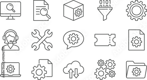 Linear vector icon set for technical support and data processing featuring computer settings gear mechanisms cloud synchronization file management and professional customer service assistance symbols