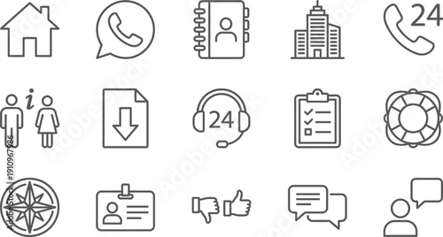 Linear vector icon set for customer support and business communication featuring 24 hour service helpline building locations address books contact profiles and online chat symbols
