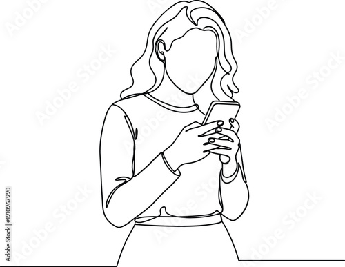 Continuous one line drawing of a young woman standing and using smartphone for social media or mobile communication.