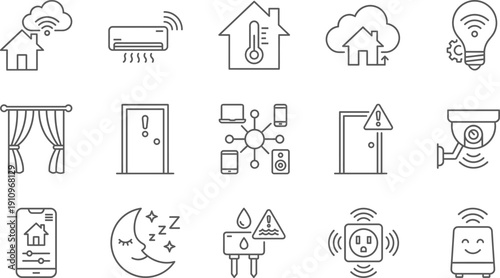 Linear vector icon set for smart home automation featuring climate control security cameras connected lighting automated curtains remote monitoring and intelligent household device symbols
