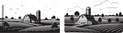 Black and White Vector Illustrations of a Farm Scene with Barn and Silo, Showing Rolling Fields and Cloudy Sky, Ideal for Rural or Agricultural Themes
