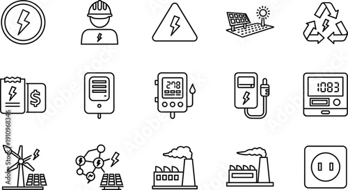 Electrical energy and renewable power line icon set featuring solar panels, wind turbines, electric meters, battery charging, and industrial factory symbols.