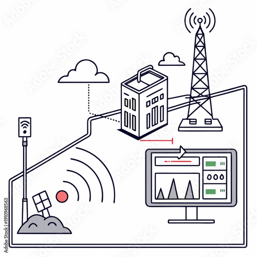 AI-Powered Smart Landfill Monitoring System: Flat Design Illustration for Waste Management and Environment.