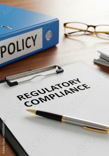 Regulatory compliance document on clipboard with policy binder and glasses